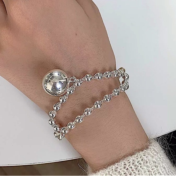 Sterling Silver Beaded Bangle Ball Drop Bracelet - Picture 5 of 7